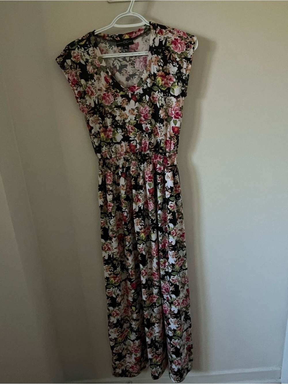 INC International Concepts Black Floral Maxi Dress with Pink & Green Accents